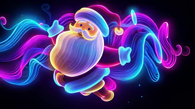A colorful painting of Santa Claus flying through a stream of colorful hair. The painting is vibrant and lively, with the colors of the hair and the clothing of Santa creating a festive