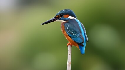 Alcedo atthis, the Common Kingfisher male, showing off its dazzling blue feathers from the back view, resting gracefully on a stick with natural green background