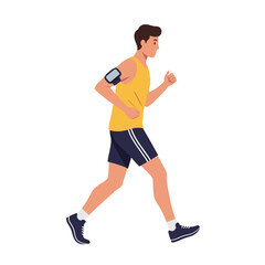 A determined young woman with a ponytail actively runs or jogs in profile, depicted in a modern flat vector illustration, embodying fitness and a healthy lifestyle.