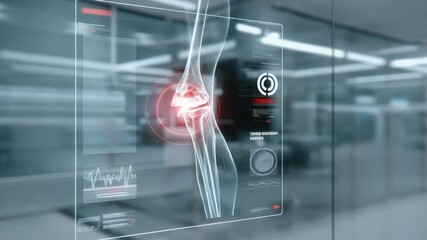 A futuristic medical interface displays a transparent scan of a human knee joint with highlighted inflammation in bright red. The holographic-style visualization conveys modern healthcare technology - Powered by Adobe