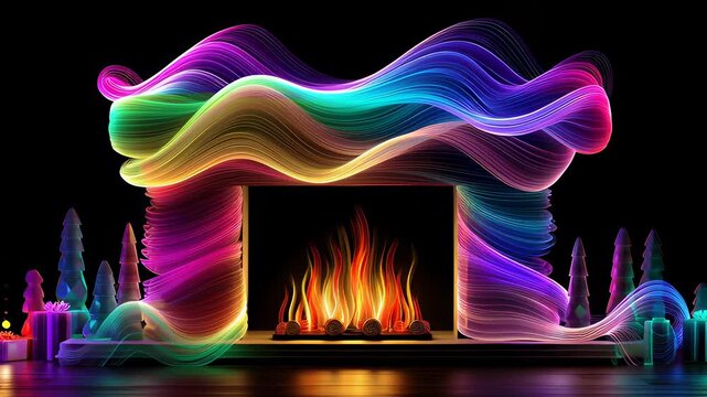 A colorful fireplace with a rainbow of colors surrounding it. The fire is lit and the flames are dancing in the air. The fireplace is surrounded by trees and presents, giving the impression of a cozy