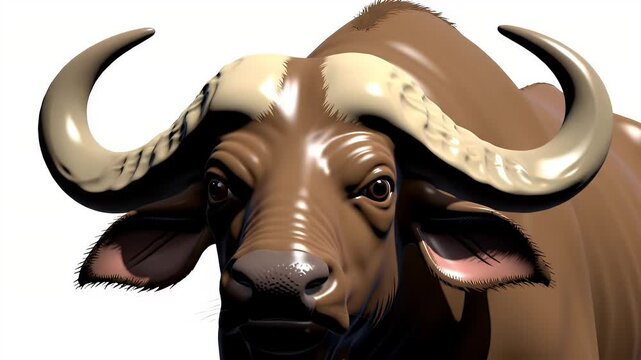 Close Up Portrait of a Robust Brown African Buffalo with Large Curved Horns on a White Background