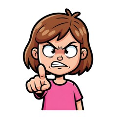 Obraz premium A cartoon illustration of a young girl with brown hair, wearing a pink shirt, pointing her finger at herself with a stern expression.