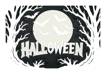Halloween night full moon with flying bats and spooky trees