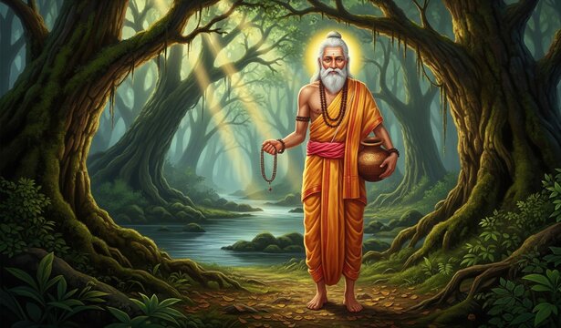 Agastya Rushi Standing with Rosary and Kamandalu in Ancient Forest &ndash; High Detail Spiritual Art