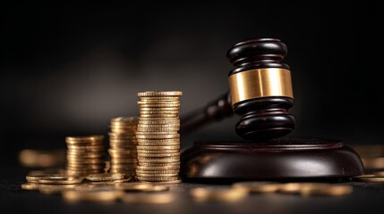 Judge Gavel and Stack of Coins Representing Legal Finance and Penalty Concept