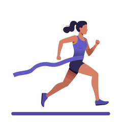 A determined female athlete crosses the finish line with speed and grace, celebrating her victory in a competitive race, showcasing dedication and achievement.