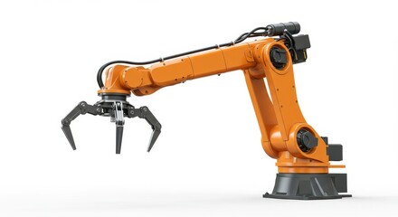 Orange Industrial Robot Arm, Precision Gripper, Isolated on White.