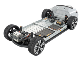 Electric Vehicle Chassis Underside View with Battery Pack and Motor Assembly Revealing Modern Automotive Engineering Technologies