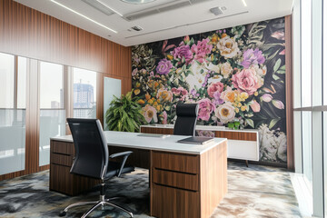 Elegant business workspace design featuring a contemporary wood desk, ergonomic chairs, and a beautiful large-scale flower mural for a touch of nature
