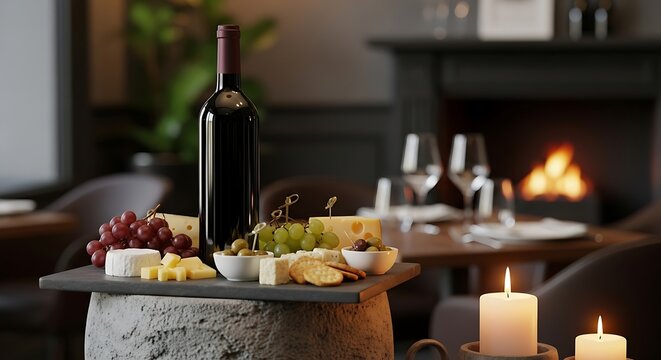 Cozy and romantic evening scene with a bottle of exquisite red wine paired with a gourmet cheese board, perfect for a special celebration or date night