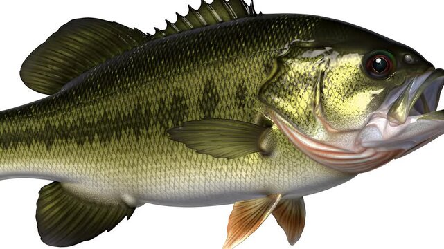 Detailed Close Up of Freshwater Bass with Green Tan Coloration Prominent Dorsal Fin and Open Mouth on White Background