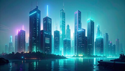 Futuristic Cityscape Illuminated by Neon Lights.
