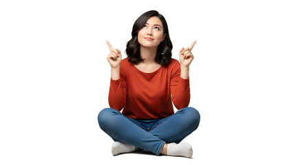 Obraz premium Joyful woman in red top and blue jeans opens arms wide, looking up in optimistic pose on studio shot with isolated white background