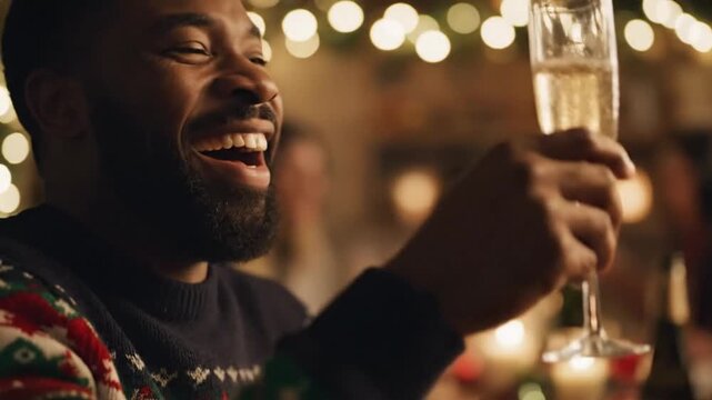 Happy man cheers champagne holiday celebration