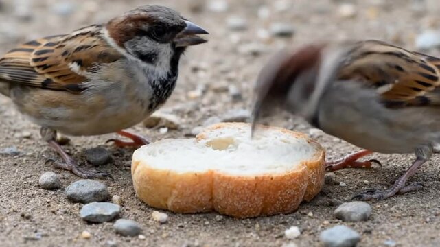 Two sparrows face a bread slice on a grainy ground