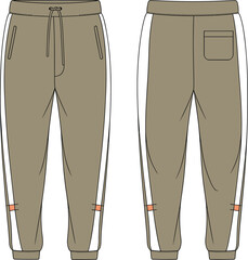 CAD drawing flat vector illustration of jogger pants, side stripe design, drawstring waist, elastic cuffs, casual fashion template, youth style