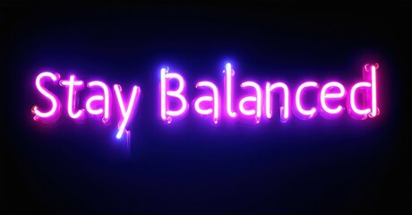 Obraz premium Neon sign displays text Stay Balanced. Pink, purple glow against dark background. Simple message, motivational vibe.