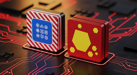 Cybernetic blocks and circuit board showcasing future technology and innovation