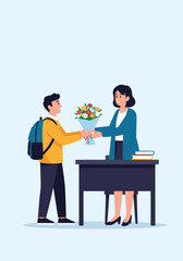 Obraz premium Grateful student presents flowers to respected teacher at school desk showing appreciation and respectful gesture