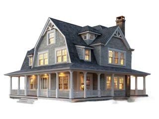 Elegant Two Story Home with Covered Porch and Shingle Siding at Dusk offering charm and sophistication in a residential setting