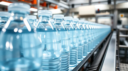 Obraz premium Mineral drink bottling line in plastic bottles in net light factory