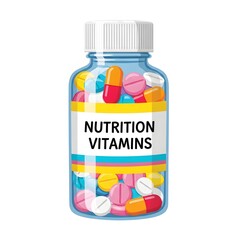 A colorful bottle filled with various pills and capsules, with a label reading 'NUTRITION VITAMINS' and a white cap, set against a white background.