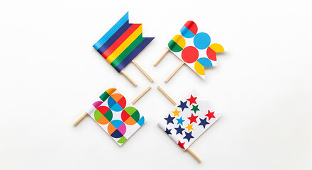 Celebratory miniature pennants with vibrant patterns arranged symmetrically