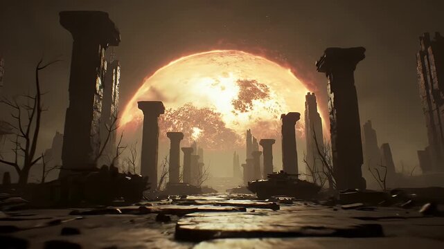 Eerie Landscape Of Weathered Ruins Against a Giant Glowing Orb In The Distance With A Desolate Atmosphere In A Fantasy
