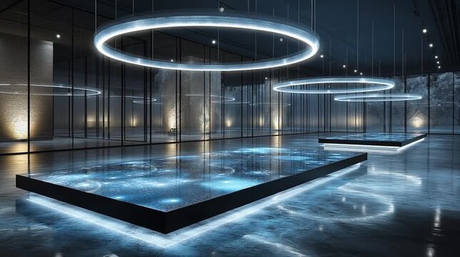 Futuristic interior with glowing circular light installations and illuminated digital floor panels in a dark modern space