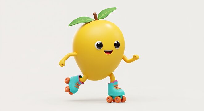 Smiling mango character on rollerblades