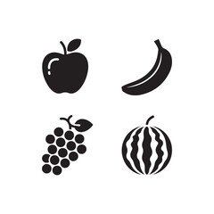 Simple black silhouettes of healthy fruits apple banana grapes watermelon isolated on white silhouette