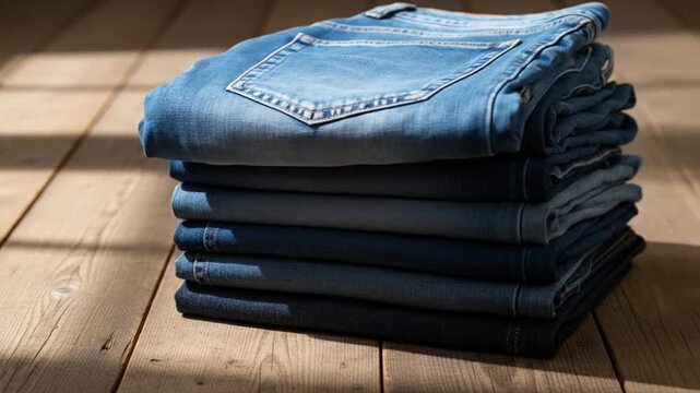 Stack of folded blue denim jeans on a wooden surface.