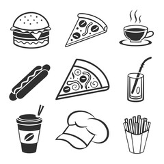 Collection of black and white fast food icons, representing burgers, pizza, coffee, and other popular menu items