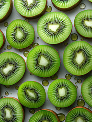 Fototapeta premium Fresh kiwi slices with water drops. Green fruit pattern. Healthy food background for diet and wellness themes.