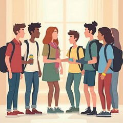 Obraz premium Group of Students Standing Together Talking in School Hallway