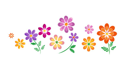 Colorful floral design with flowers, petals, leaves, and stems in a decorative pattern