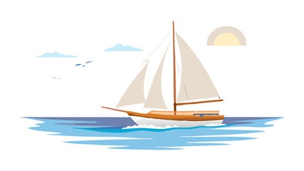 A sailboat sailing on the sea with a clear sky and sun, perfect for summer vacation and travel themes