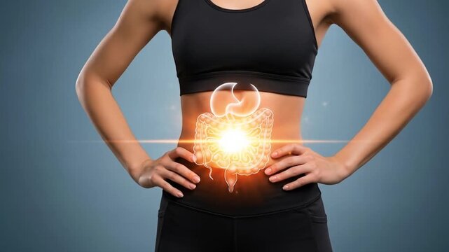 Glowing internal organs of a healthy woman's abdomen.