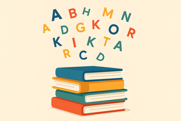 Colorful books with letters floating above them, representing education and learning.
