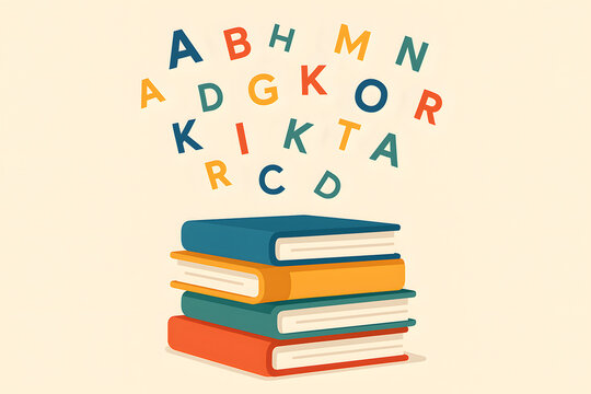 Colorful books with letters floating above them, representing education and learning.