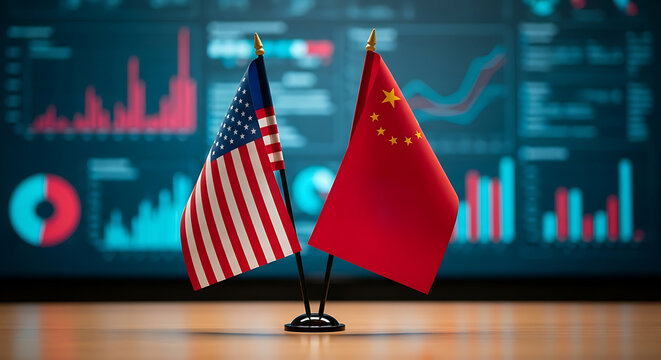 United States and China flags presenting economic data and market analysis