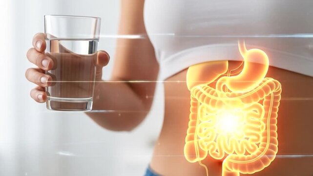 Woman holding glass of water with digestive system illustration, emphasizing gut health.
