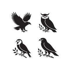 Four majestic birds of prey in silhouette including an eagle and owls perched on branches silhouette