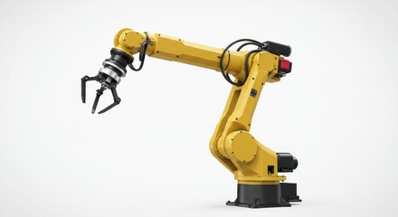 Precision Automation - A Sleek Yellow Industrial Robotic Arm with Claw Gripper Isolated on White.