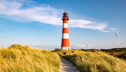 A tall, vibrant red and white lighthouse stands sentinel over a golden coastal dune landscape, bathed in bright sunshine against a clear blue sky.