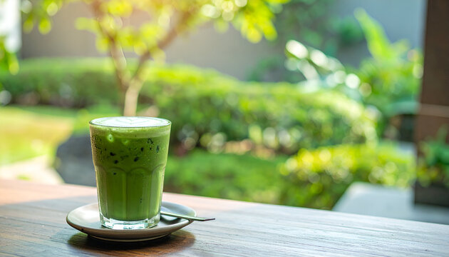 Iced Matcha Latte on Wooden Table Outdoors - Powered by Adobe