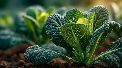 Close-up of Lush Green Cabbage Plants Growing in Rich Soil Garden Patch