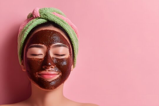 Beautiful woman enjoying a chocolate facial treatment with a towel on her head against pink background