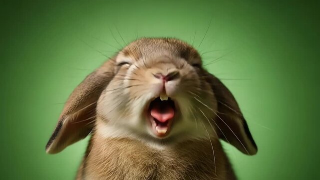 Cute Rabbit Yawning Wide Open, Eyes Closed, on Green Background